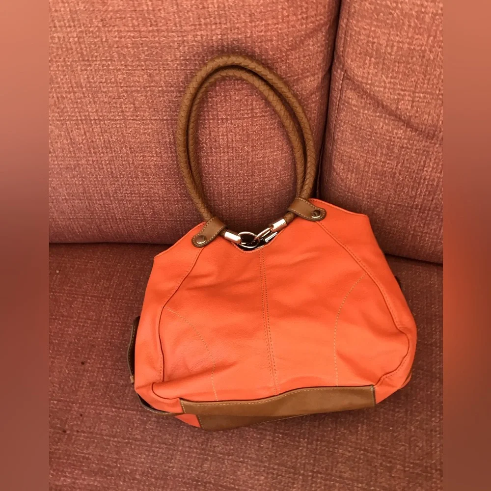 Coral orange brown Handbag purse braided handles 14” x 18” including handles EUC - Picture 2 of 15